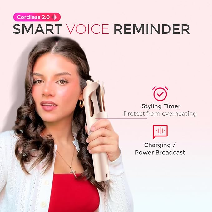 TYMO Cordless Automatic Curling Iron - TYMO CurlGo 1 Inch Beach Waves Rotating Curling Wand, Portable Hair Curlers for Travel, Dual Voltage & Rechargeable Curler for Women, Tangle-Free, Gold Blush