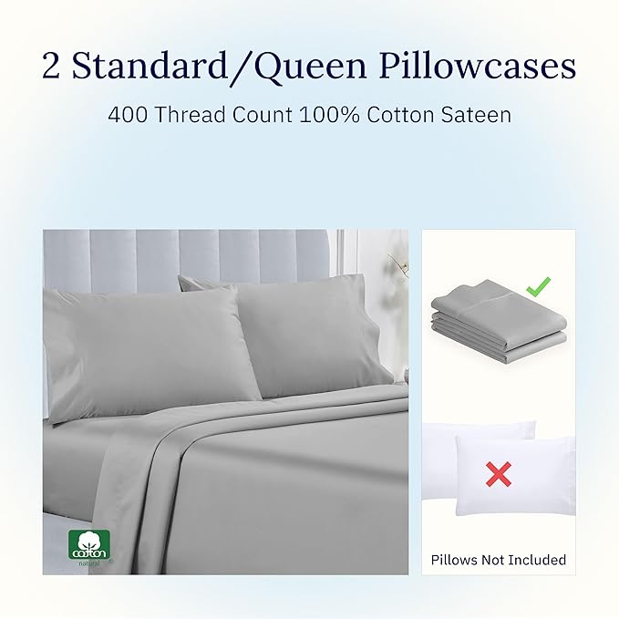 California Design Den Standard Queen Size Pillowcase Set - 400 Thread Count, 100% Cotton Sateen, Set of 2 Pillow Covers, Soft and Breathable - Light Grey