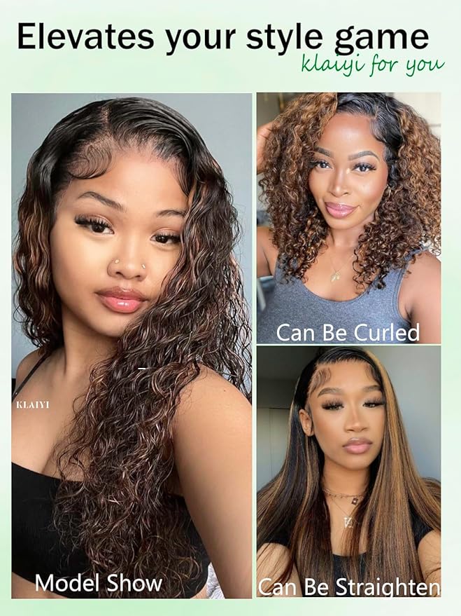 KLAIYI Ombre Brown Water Wave Bye Bye Knots Glueless Wig Human Hair Pre Cut 7x5 Lace Front Wigs Drawstring Pre Plucked Bleached Highlight Balayage Curly Ready to Wear and Go Wig with Dark Roots 26Inch