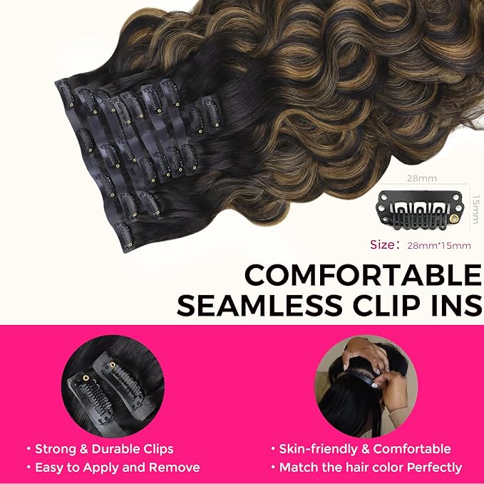Lashey Seamless Clip in Hair Extensions Human Hair 130g 9pcs 14 Inch Body Wave Natural Black Mixed Chestnut Brown Clip in Hair Extensions for Women