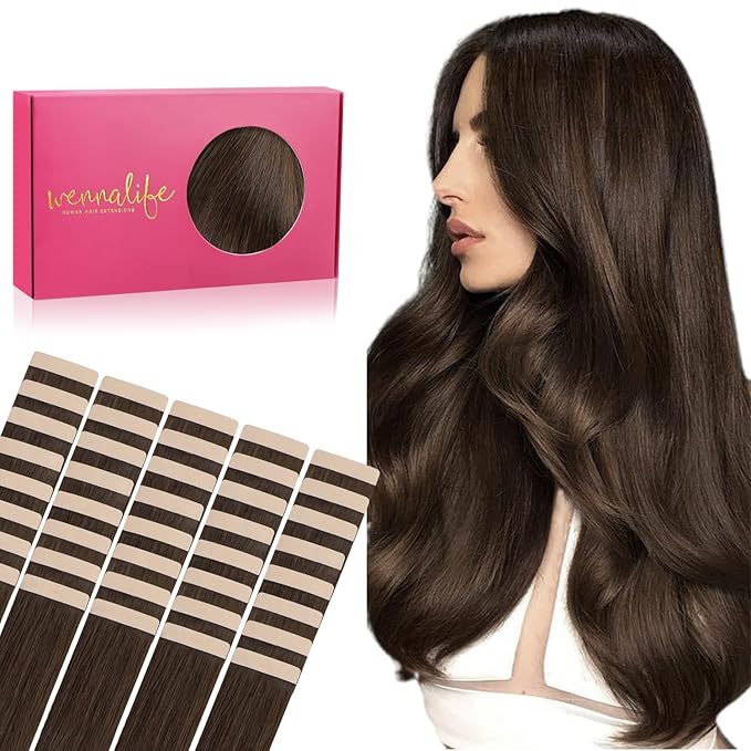 Wennalife Tape in Hair Extensions Human Hair, 40pcs 100g 16 inch Chocolate Brown Hair Extensions Real Human Hair Straight Tape in Extensions Invisible Human Hair Extensions Reusable Hair Extensions