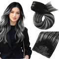 Moresoo Seamless Clip ins Human Hair Extensions Balayage Black to Silver Human Hair Clip in Extensons Ombre Black and Silver Gray PU Seamless Clip in Hair Extensions Human Hair 7Pcs 120G 20inch