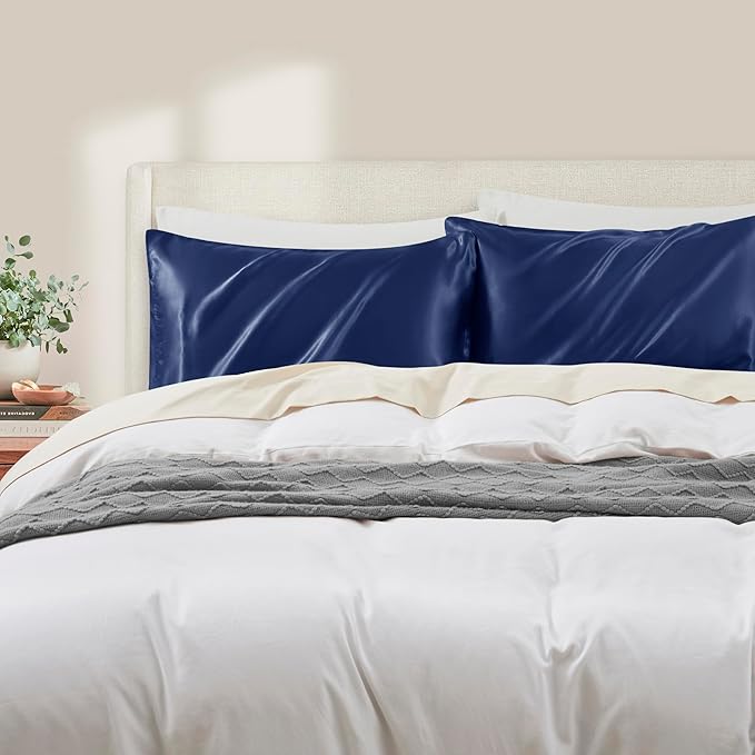 Navy Blue King Size Satin Pillowcase Set of 2 with Envelope Closure,Navy Blue Silk Pillowcase for Hair and Skin (20x36)