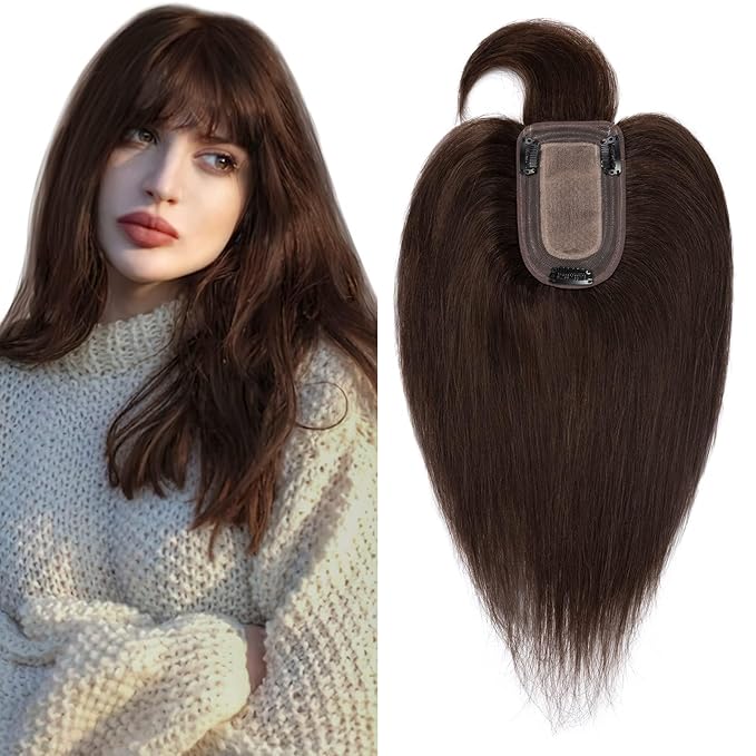 SEGO Hair Toppers for Women Real Human Hair with Front Bangs, Clip in Toppers with Thinning Hair Straight 150% Density Silk Base -18 Inch #2 Dark Brown