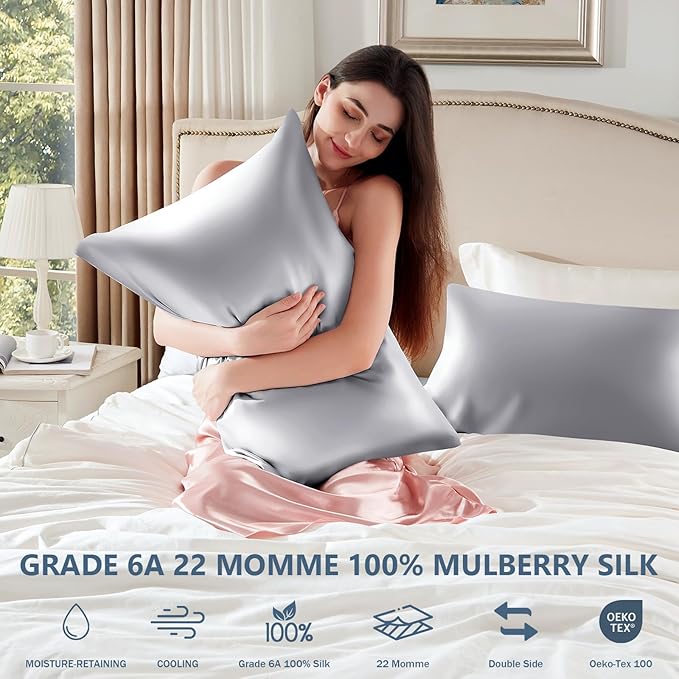 Silk Pillow Cases 2 Pack Queen Size Mulberry Silk Pillowcase Set of 2 for Hair and Skin 30 x 20 Inches 22 Momme Both Side Grade 6A Silk Soft Breathable Cooling with Hidden Zipper, Grey