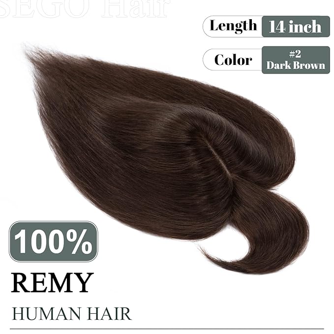SEGO Human Hair Toppers for Women with Thinning Hair, Toppers Hair Pieces Clip in Toppers Straight Hair Pieces with Front Bangs 150% Density Silk Base -14 Inch #2 Dark Brown