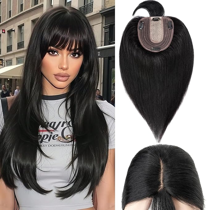 Rich Choices Real Human Hair Toppers for Women With Bang 100% Remy Human Hair Topper for Thinning Hair Clip in Silk Base Hair Topper 14 Inch #1 Jet Black