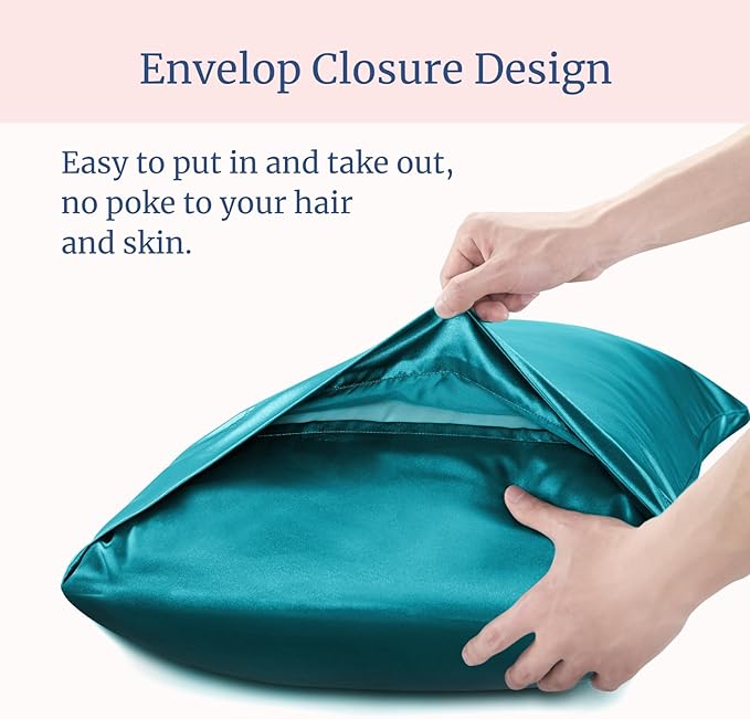 BEDELITE Satin Pillowcase for Hair and Skin, Super Soft and Cooling Similar to Silk Pillow Cases 2 Pack with Envelope Closure, Gift for Women Men(20"x26" Standard Size, Teal)
