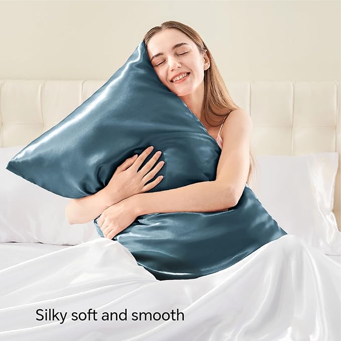 BEDELITE Satin Pillowcase with Zipper, Bluesteel King Size Pillow Cases Set of 2, Super Soft and Cooling Similar to Silk Pillow Cases, Gift for Women Men(20x36 Inches)