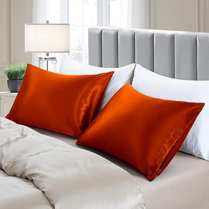 Aormenzy Satin Pillow Cases for Women King Size Set of 2, Burnt Orange Satin Pillowcase for Hair with Envelope Closure Silky Pillow Covers Wrinkle, Fade Resistant (20x40 Inches)