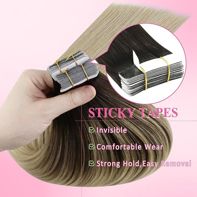 YoungSee Ombre Tape in Hair Extensions Human Hair 20 Inch Tape ins Human Hair Extension Balayage Dark Brown to Blonde with Brown Tape-in Extensions Real Hair Adding Hair Volume 20pcs 50g