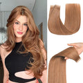 Tape in Hair Extensions Human Hair, Light Brown Real Human Hair Extensions 20pcs Remy Straight Tape ins Invisible (30#, 20 Inch)