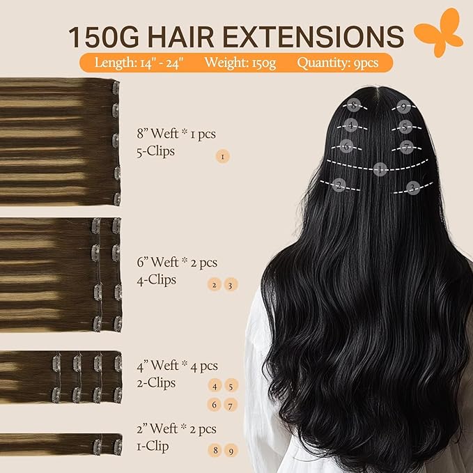DOORES Human Hair Extensions Clip in, Balayage Chocolate Brown to Caramel Blonde 150g 9pcs 14 Inch, Real Remy Natural Hair Extensions