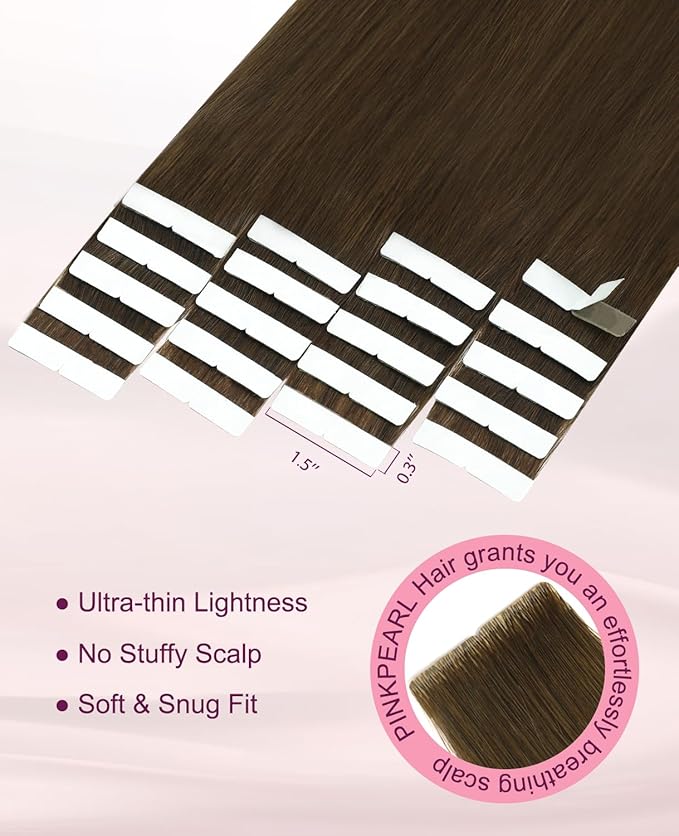 Pinkpearl Invisible Tape in Hair Extensions Human Hair, 20pcs 14inch 40g #4 Chocolate Brown Injection Tape in Extensions Real Remy Straight Seamless Silky Human Hair Injected