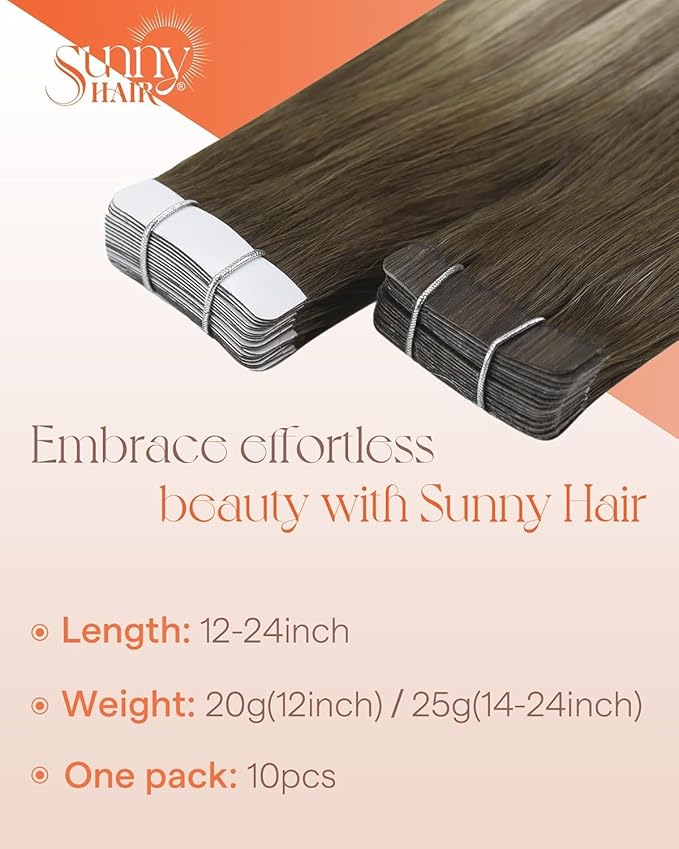 Sunny Hair Tape in Hair Extensions Real Human Hair Invisible Remy Hair Extensions Tape ins for Women Cool Brown Ombre Light Brown Balayage Medium Blonde 24 inch 25G