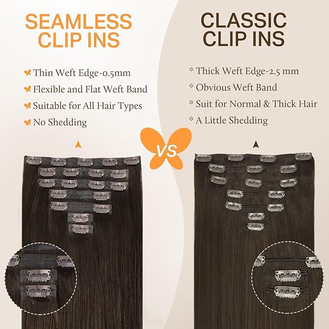 DOORES Clip in Human Hair Extensions, Light Dark Brown 110g 7pcs 14-22 Inch, Seamless Silicone Wefts, 7-Layer PU Glue Bonding, Straight
