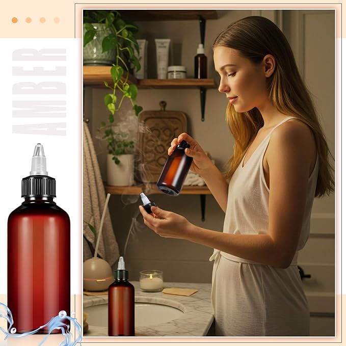 Barydat 12 Pcs Applicator Bottles for Hair, Squeeze Hair Oil Applicator Bottle Refillable Empty Plastic Bottles, Twist Cap with Open Close Nozzle and 2 Funnels (8 oz,Brown)