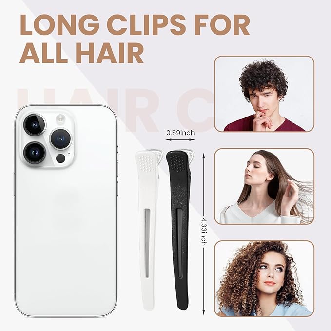 Hair Clips for Styling - 6 pcs No Crease Hair Clips for Women - Non Slip Duck Billed Hair Roller Clips with Silicone Band - Salon Hair Sectioning Clips Black White