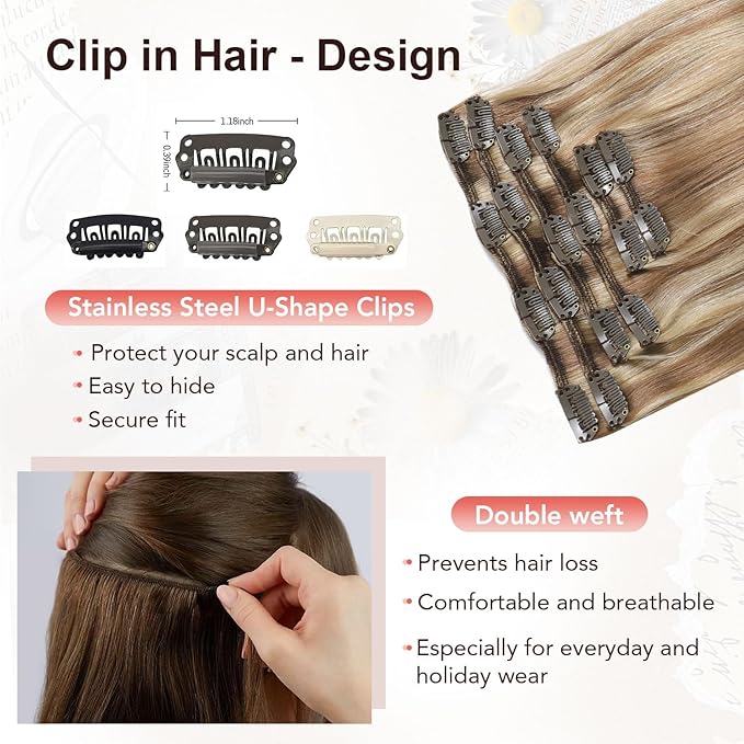XDhair Human Hair Clip in Extensions 120g Balayage Color 10 Golden Brown to Light Blonde Highlight 27 Blonde Double Weft Clip in Human Hair Extensions #10/27/27 18 Inch