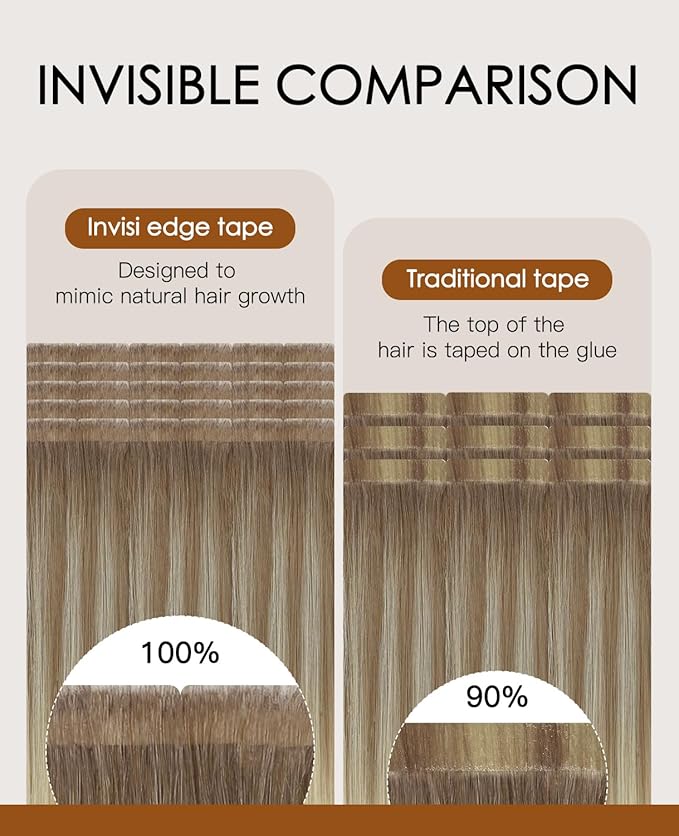 VINBAO Invisi Edge Tape in Hair Extensions Human Hair Balayage Ombre Ash Brown to Platinum Blonde Injection Tape in Hair Extensions Pro Quality 45g 20pcs 16inch #8T60