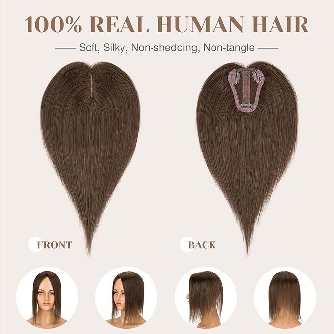 S-noilite Hair Toppers for Women Real Human Hair 3D 360° Cover Clip in 100% Real Human Hair Toppers 3″*4″ Clip in Silk Base 12 inch Natural Brown
