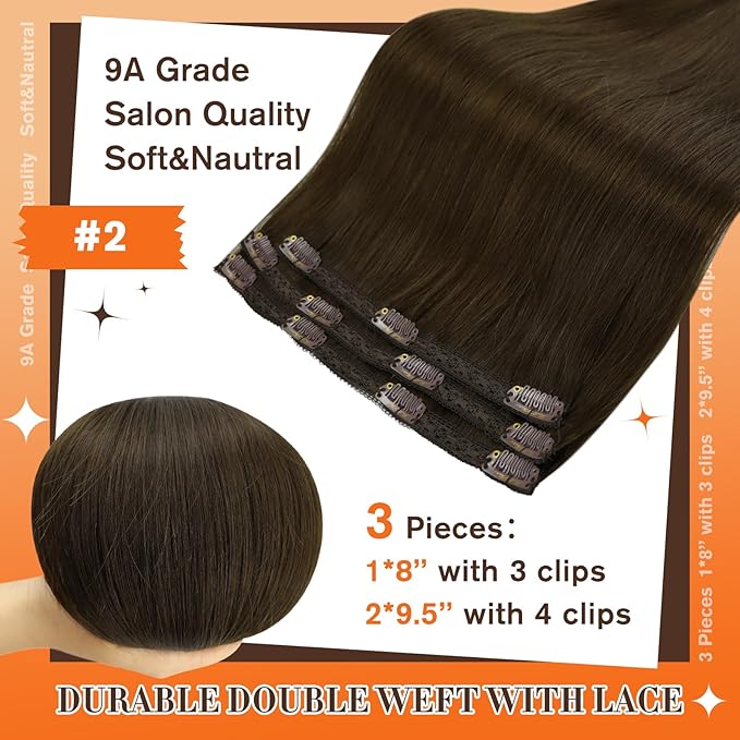 Full Shine Human Hair Clip in Extensions 18 Inch Color 2 Darkest Brown Natural Straight Hair Extensions Lace Clip in Human Hair Extensions Long Straight Hair Longevity 3 PCS 60 Grams