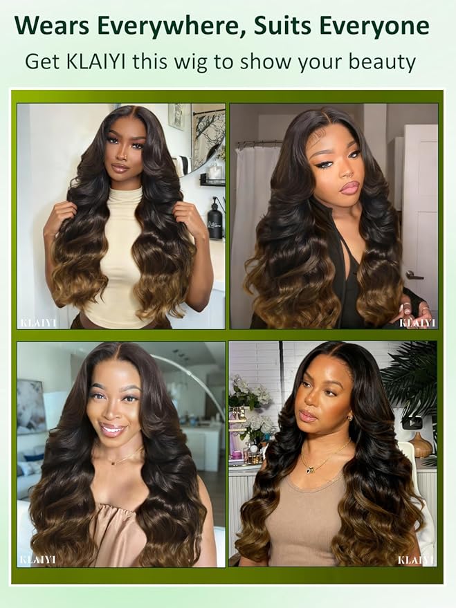 KLAIYI Ombre Brown Loose Body Wave 13x4Pre Everything Lace Frontal Chestnut Brown Drawstring Wig with Face Framing Layers Precut Lace Pre Plucked Bleached Bye Bye Knots Ready to Wear and Go Wig 18Inch