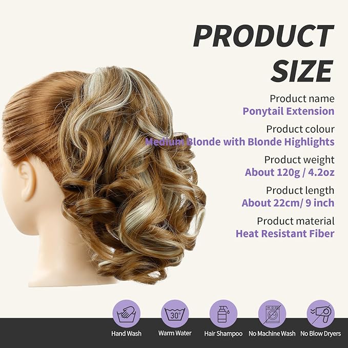 Blonde Ponytail Extensions,9" Short Curly Wavy Claw Clip in Ponytails Hair Extensions Natural Soft Synthetic Hairpiece for Women