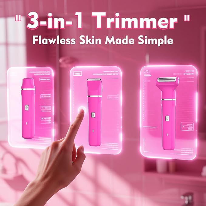 Electric Razors for Women - IPX7 Waterproof Pubic Hair Remover for Shower & Travel, 3-in-1 Bikini Trimmer with Body/Round/Curved Heads, Hypoallergenic Foil & Ceramic Blades, Self-Care Gifts for Her