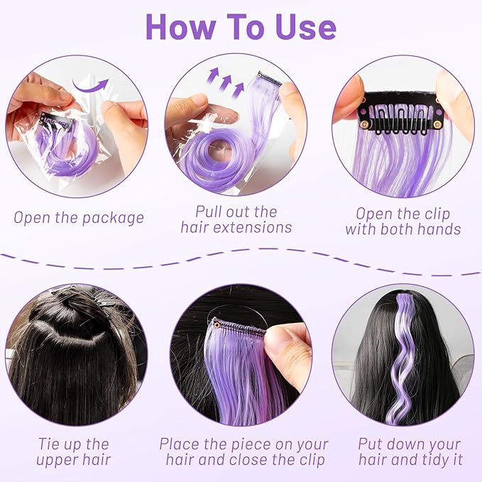 16 Pcs Colored Hair Extensions Curly Wavy Clip in Synthetic Hair Extensions,Colorful Party Highlights Hairpiece Streak for Girls Women Kids Cosplay Party Christmas Gift(Light Purple)