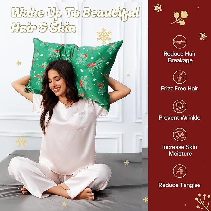 THXSILK Christmas Style 6A+ Grade Mulberry Silk Pillowcase for Hair and Skin, 22 Momme 100% Pure Silk Pillow Case with Hidden Zipper, Christmas Holly Printed Pillow Cover(King Size 20"x36", Green)