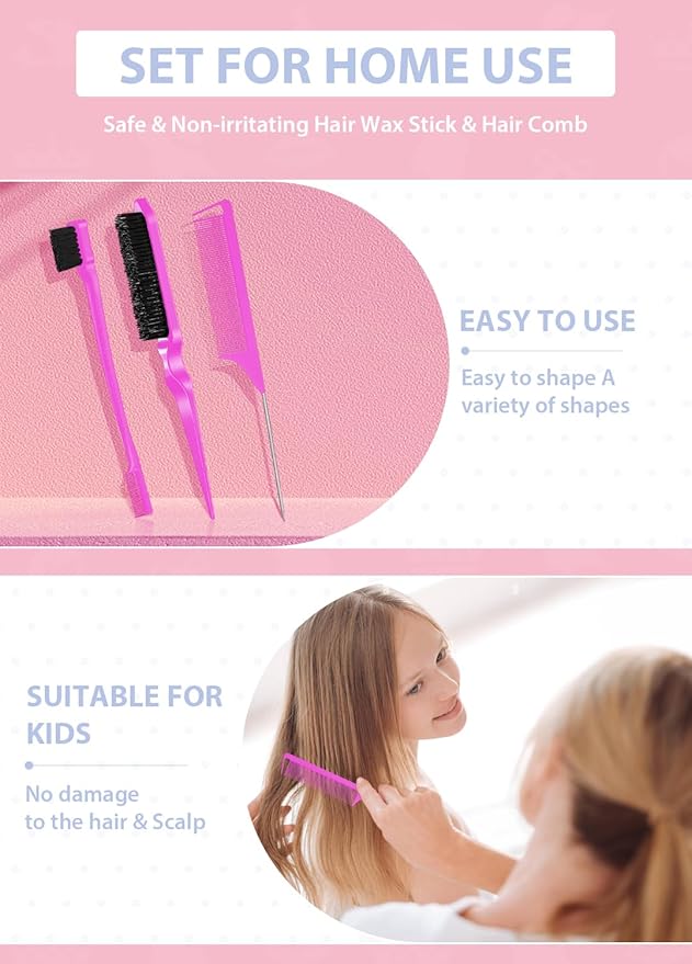 Hair Grooming Kit: Wax Stick for Flyaways, Slick Back Brush, Rat Tail Comb, Bristle Brush Set - Tames Frizz & Controls Baby Hair