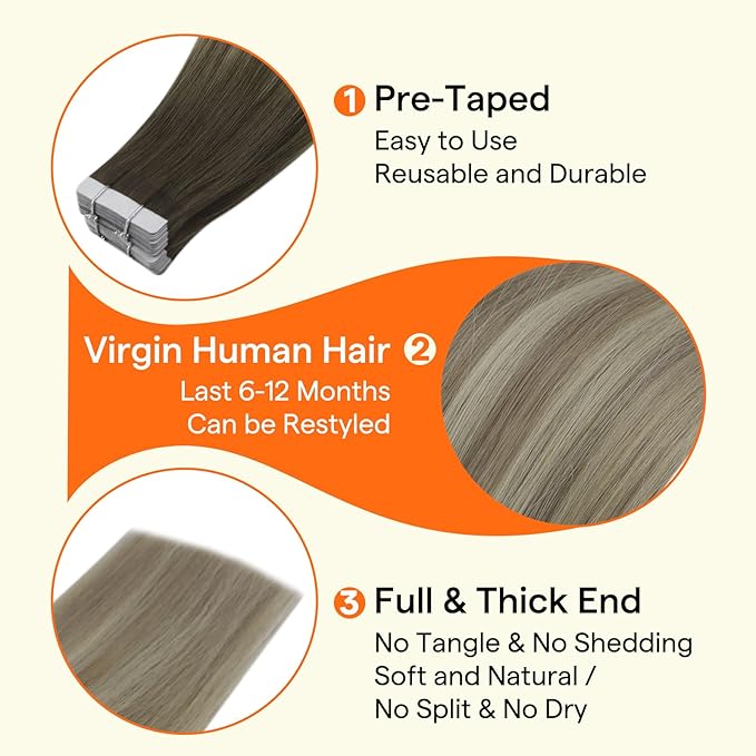 Full Shine Insert Tape in Hair Extensions Color 4 Medium Brown Fading To 7 Brown and 80 Blonde Hair Extensions 24 Inch Invisible Virgin Tape in Extensions Intact Aligned Cuticles 10Pcs 25Grams