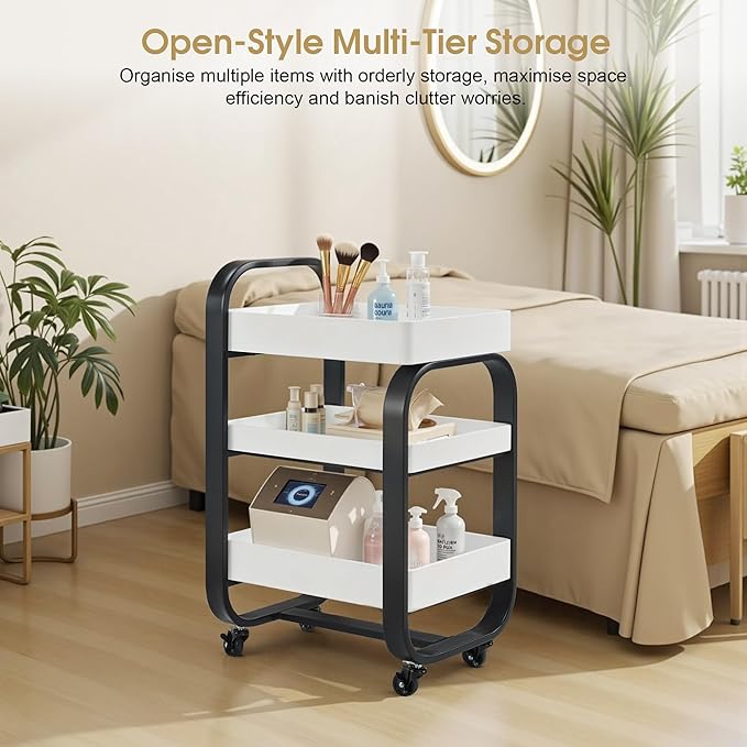 BarberPub Salon Storage Trolley with Shelves, Beauty SPA Rolling Cart with Lockable Wheels, 3-Tier Stylist Tool Organizer, Barber Mobile Station Equipment 2085 (Black&White)