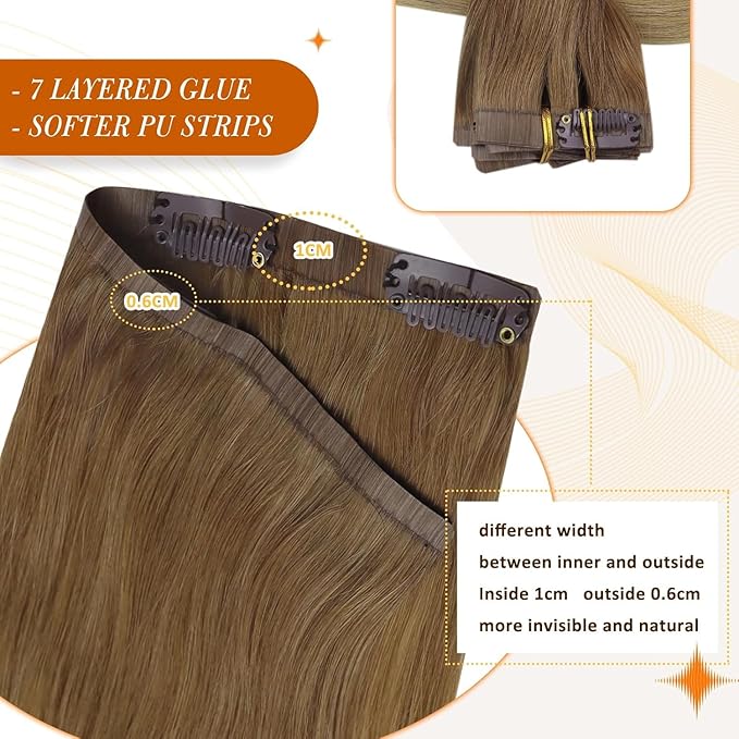 Full Shine Balayage Clip in Hair Extensions Light Brown to Blonde Clip in Human Hair Extensions PU Weft Seamless Clip ins for Women Soft Hair 18 Inch 8 PCS 120G