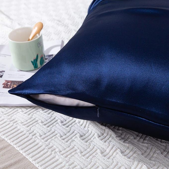 SLPBABY 100% Natural Pure Silk Pillowcase for Hair and Skin, Both Side 19 Momme Silk, Luxury Smooth Satin Pillowcase Cover with Hidden Zipper (Standard(20''x26''), Navy Blue)