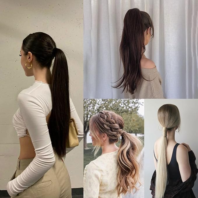 Claw Clip Ponytail Extension 18" Clip in Wavy Ponytail Hair extensions Long Pony Tails for Women Extensions Dark Brown Mix Light Auburn Wave Hairpiece