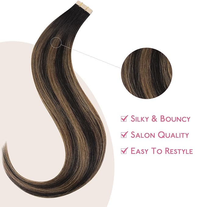 WENNALIFE Tape in Hair Extensions Human Hair Balayage Natural Black to Chestnut Brown, 10pcs 30g 22 inch Remy Invisible Tape Ins Straight Soft Real Human Hair Tape in Extensions