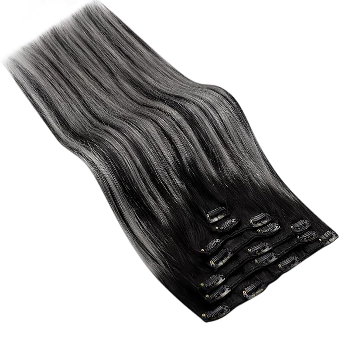 Ve Sunny Clip in Human Hair Extensions Black Ombre Clip in Hair Extensions Real Human Hair Silver Hair Clip in Extensions Balayage Hair Extensions Ease of Installation 7pcs 120g 16inch