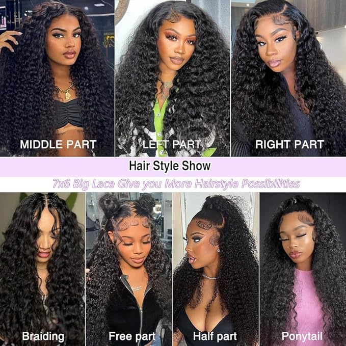 7x6 Burmese Curly Glueless Wigs Human Hair Pre Plucked Pre Cut 250% Density Drawstring Wig Human Hair 7x6 HD Lace Front Wigs Human Hair for Black Women Wear and Go Glueless Wig Natural Color 28inch