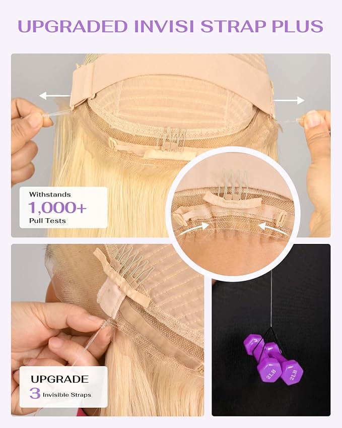 Hidden Strap Straight 360 613 Lace Front Wigs Human Hair Invisible Strap Pre Plucked 180% Density SALON-Quality Blonde Wig with Drawstring Glueless Wigs HD Full Lace Human Hair Wigs 22inch