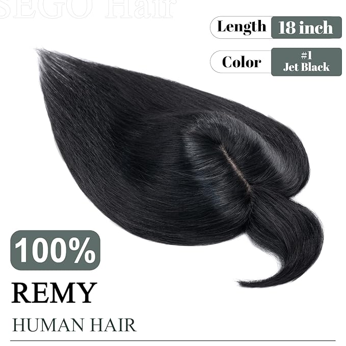 SEGO Hair Toppers for Women Real Human Hair with Thinning, with Front Bangs Clip in Toppers Straight 150% Density Silk Base -18 Inch #1 Jet Black