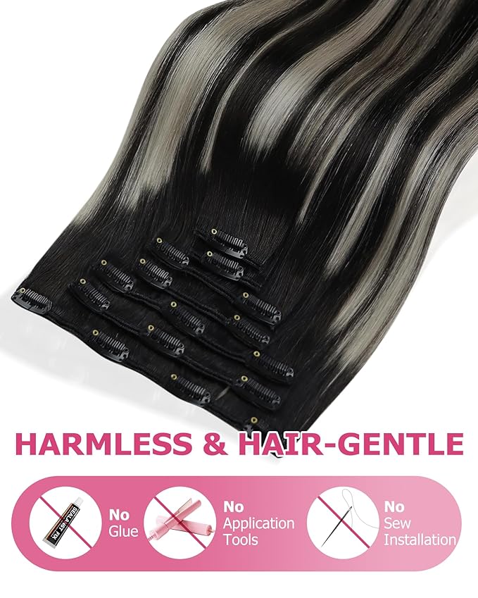 YoungSee 135G Balayage Hair Extensions Clip ins Black Silver Clip in Hair Extensions Human Hair Natural Black Mix Silver Balayage Clip on Hair Extension for Women 135G 18Inch 7Pcs