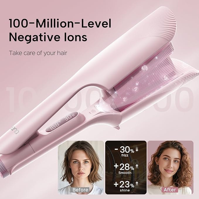 Crimper Waver Tool LENA S17S for Short to Medium Hair, Compact Styler with Titanium Barrel, Fast Heating, Adjustable Temperature, Anti-Scald Design, Auto Shut-Off, Negative Ions, Pink
