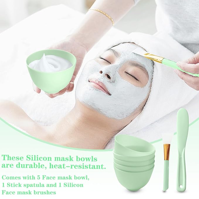 7Pcs Silicone Facial Mask Bowl DIY Face Mask Mixing Bowl for Home Salon Spa Face Skin Applicator Bowl, Green