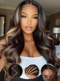 KLAIYI Bye Bye Knots Glueless Wig Human Hair 13x4 Balayage Highlight 3D Body Wave Precut Lace Front Wig with Baby Hair Black Mix Blonde Brown Pre Plucked Pre Bleached Knots Wig 30S Easy to Wear 22Inch