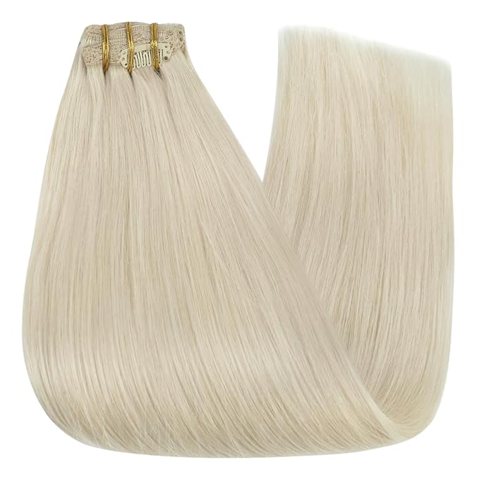 YoungSee Clip in Human Hair Extension Platinum Blonde Dyeable Human Hair Clip in Extensions White Blonde Clip ins Extension Real Human Hair Straight Add Volume 7Pcs 120G 14In