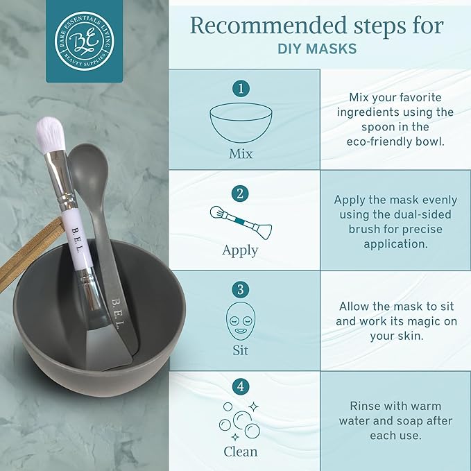 Bare Essentials Living - Clay Face Mask Mixing Bowl Set, Skin Care Kit Facial Bowls with Bamboo Lid, Face Mask Spoon, & Dual Sided Face Mask Brush Applicator for DIY Facial & Hair Clay Mask (Mermaid)