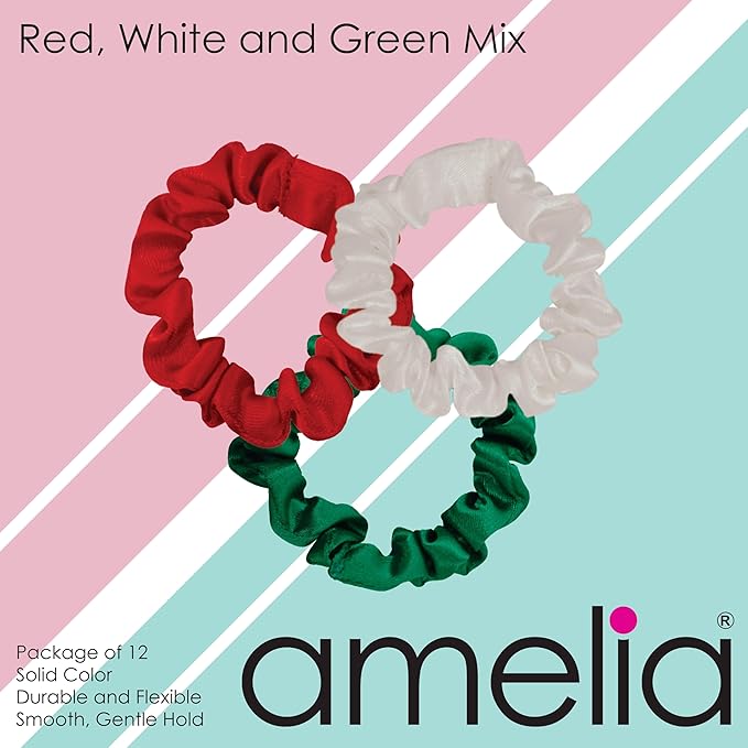 Amelia Beauty, Red, White and Blue Mix Satin Small Scrunchies, 12-Pack – No Damage Hair Ties for Women, Gentle & Durable Hair Accessories, 2.5in x 0.5in