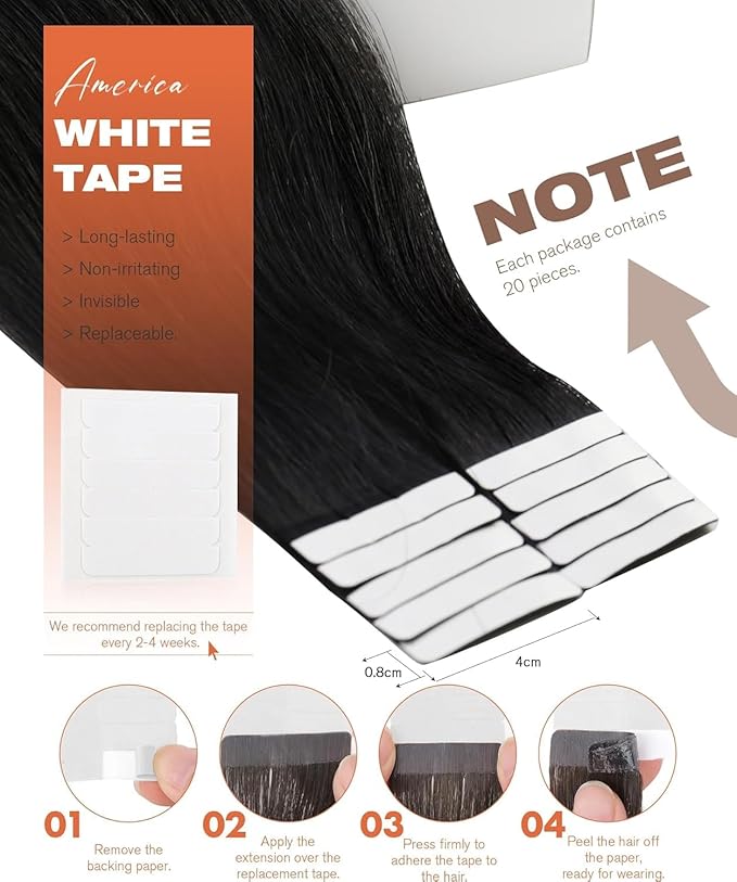 Sunny Hair Tape in Hair Extensions Human Hair 24inch Hair Extensions Real Human Hair Tape in Extensions for Women Jet Black Invisible Remy Hair Natural Straight Skin Weft Double Sided Tapes 20Pcs 50g